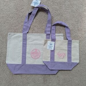 Trader Joe's Lavender Canvas Tote Bags Set Of 2 - 1 Large + 1 Mini Size BNWT